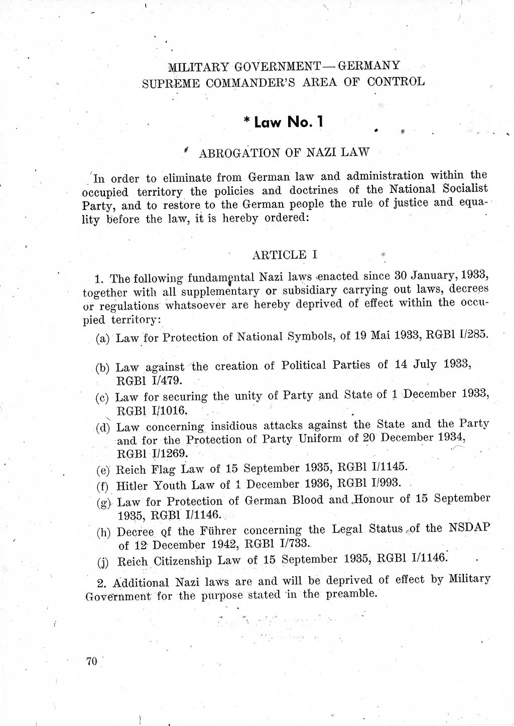 Das Recht der Besatzungsmacht (Deutschland), Proklamationen, Deklerationen, Verordnungen, Gesetze und Bekanntmachungen 1947, Seite 70 (R. Bes. Dtl. 1947, S. 70)