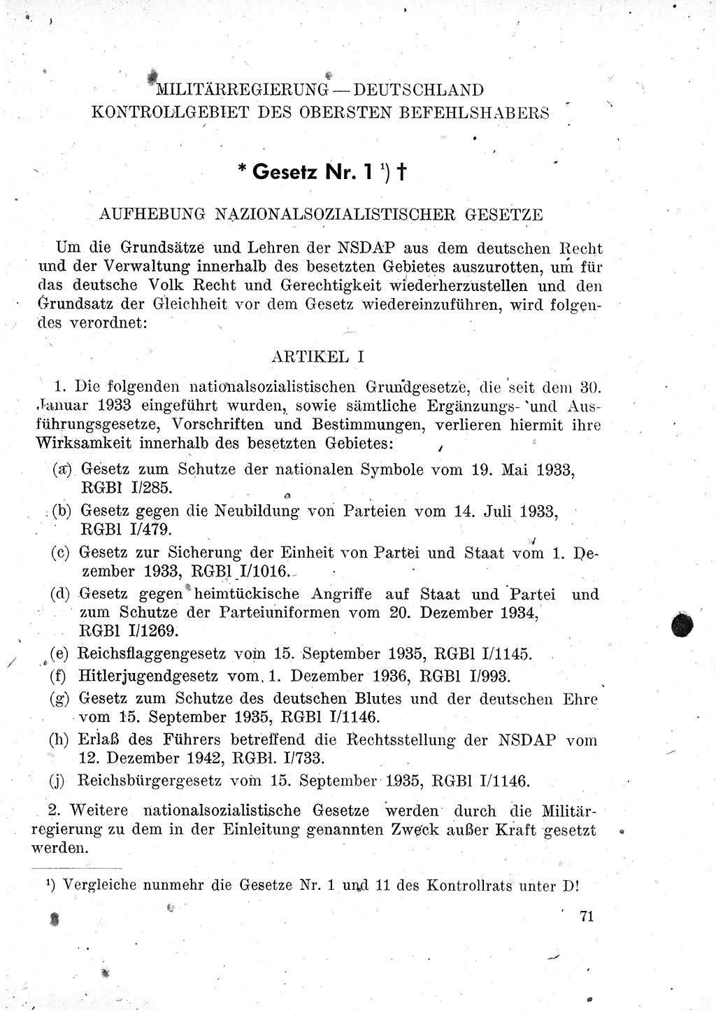 Das Recht der Besatzungsmacht (Deutschland), Proklamationen, Deklerationen, Verordnungen, Gesetze und Bekanntmachungen 1947, Seite 71 (R. Bes. Dtl. 1947, S. 71)