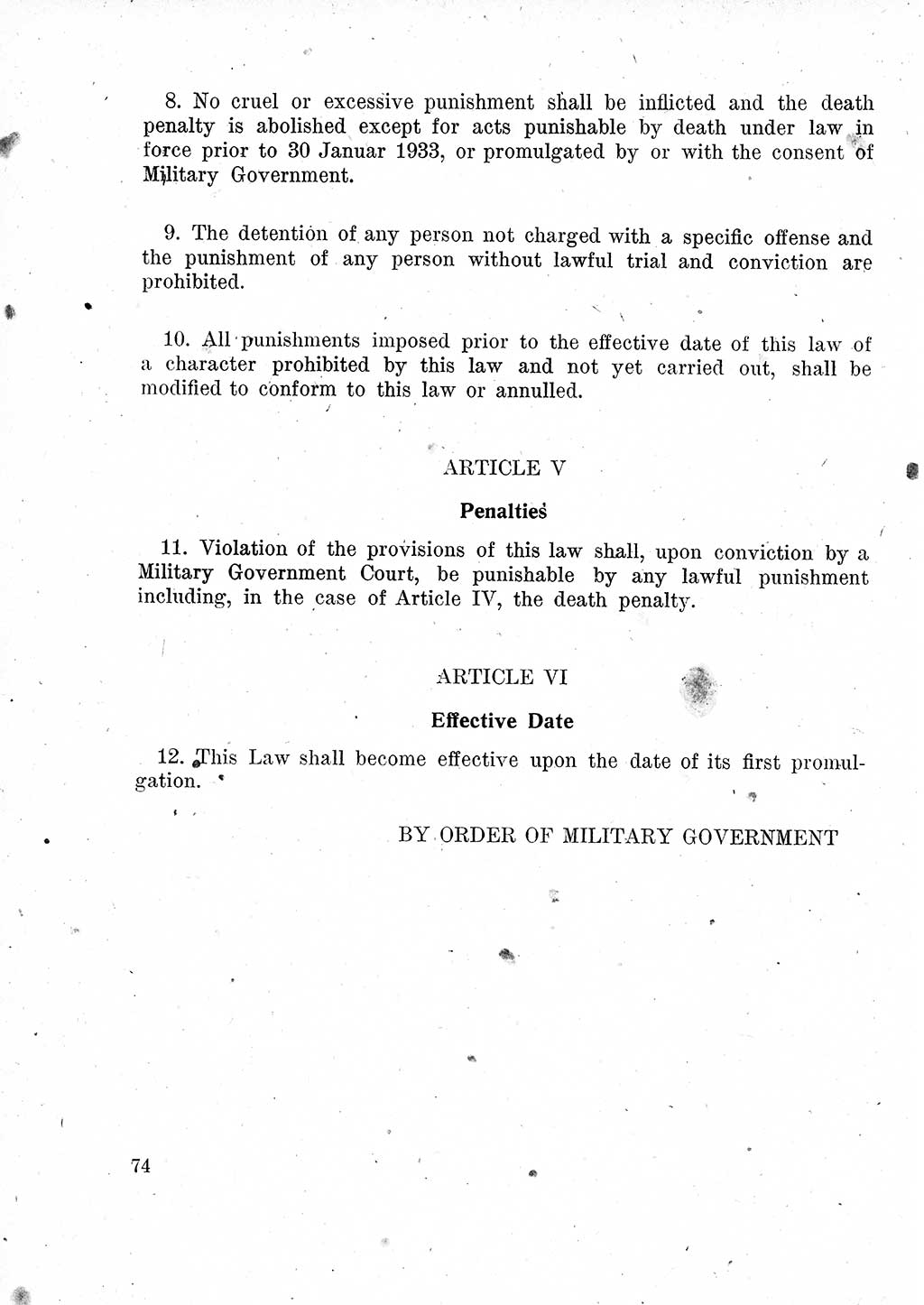 Das Recht der Besatzungsmacht (Deutschland), Proklamationen, Deklerationen, Verordnungen, Gesetze und Bekanntmachungen 1947, Seite 74 (R. Bes. Dtl. 1947, S. 74)