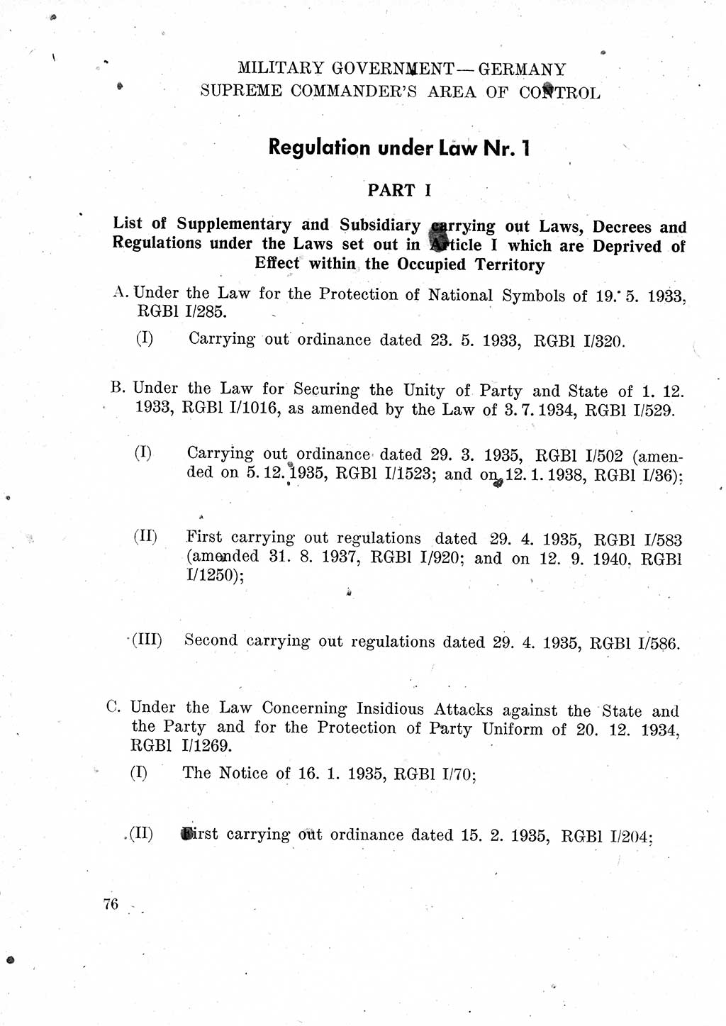 Das Recht der Besatzungsmacht (Deutschland), Proklamationen, Deklerationen, Verordnungen, Gesetze und Bekanntmachungen 1947, Seite 76 (R. Bes. Dtl. 1947, S. 76)