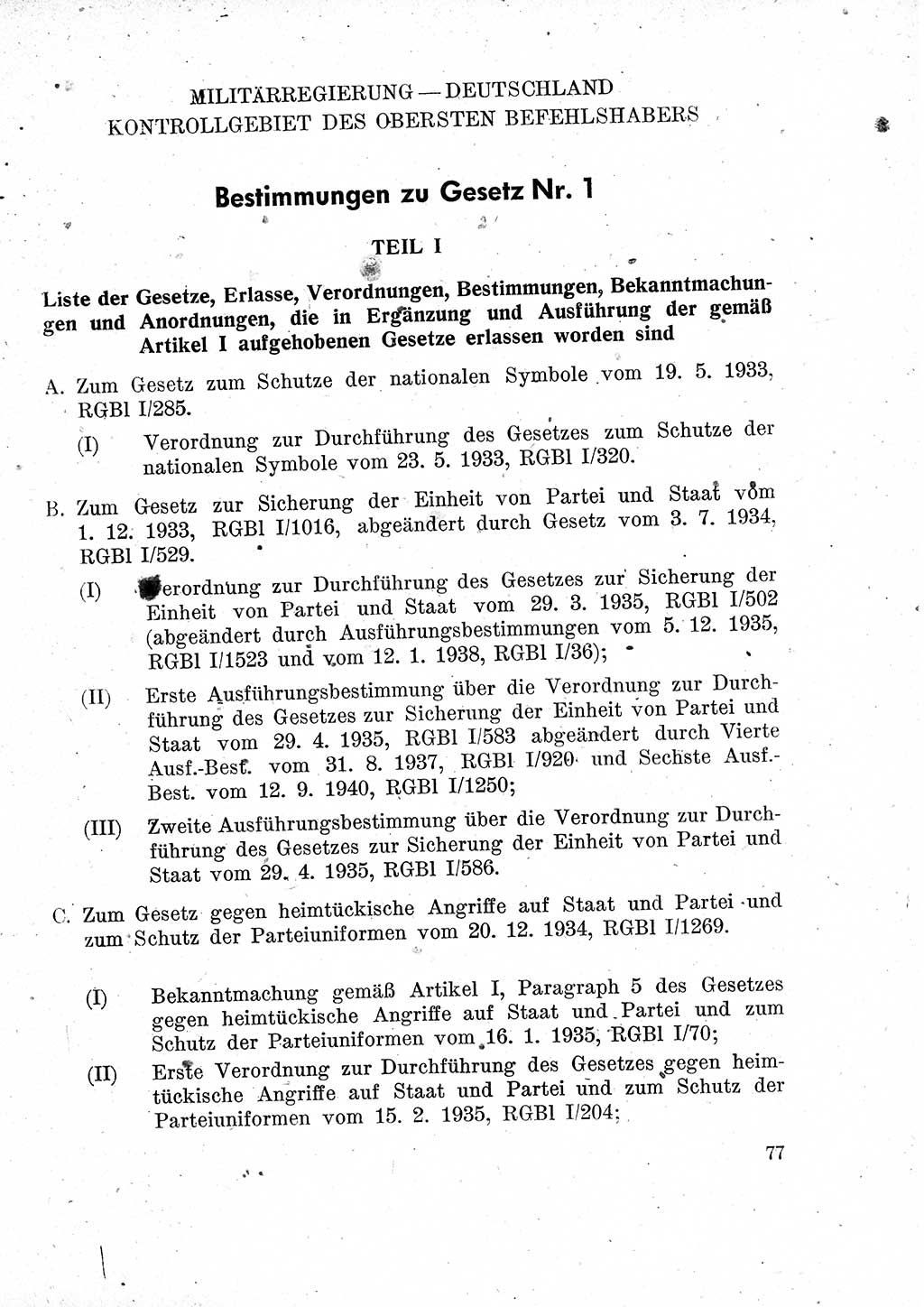 Das Recht der Besatzungsmacht (Deutschland), Proklamationen, Deklerationen, Verordnungen, Gesetze und Bekanntmachungen 1947, Seite 77 (R. Bes. Dtl. 1947, S. 77)
