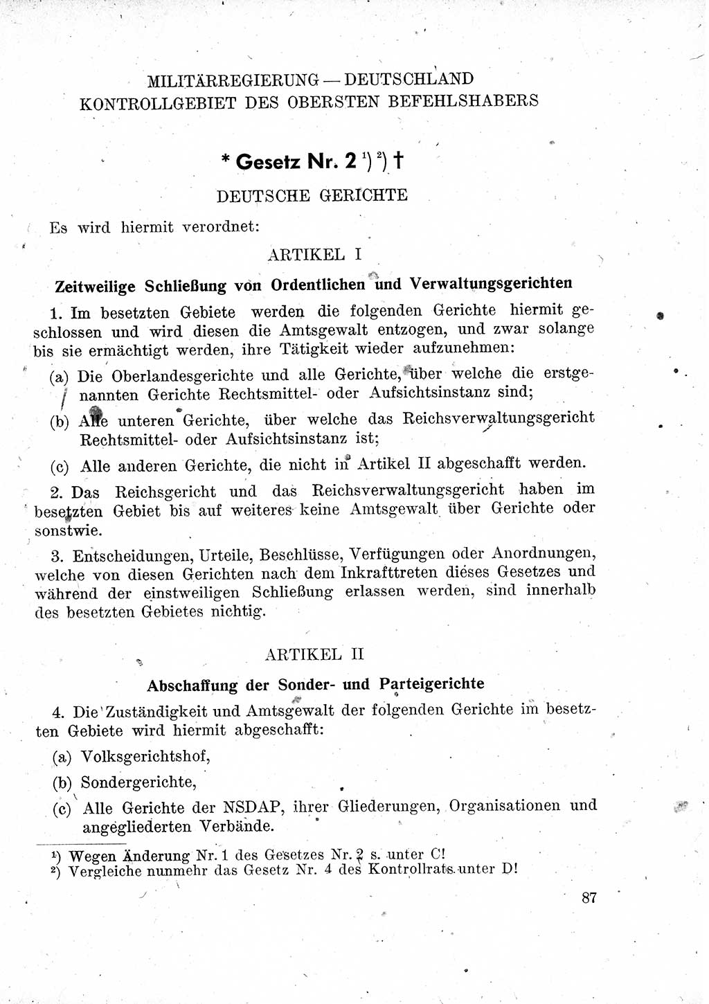 Das Recht der Besatzungsmacht (Deutschland), Proklamationen, Deklerationen, Verordnungen, Gesetze und Bekanntmachungen 1947, Seite 87 (R. Bes. Dtl. 1947, S. 87)