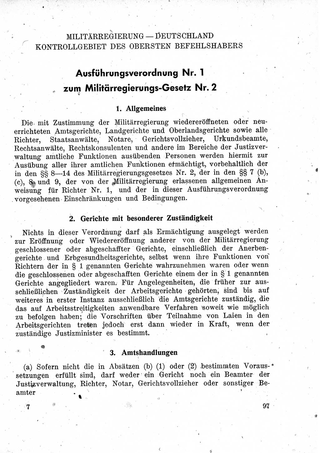 Das Recht der Besatzungsmacht (Deutschland), Proklamationen, Deklerationen, Verordnungen, Gesetze und Bekanntmachungen 1947, Seite 97 (R. Bes. Dtl. 1947, S. 97)