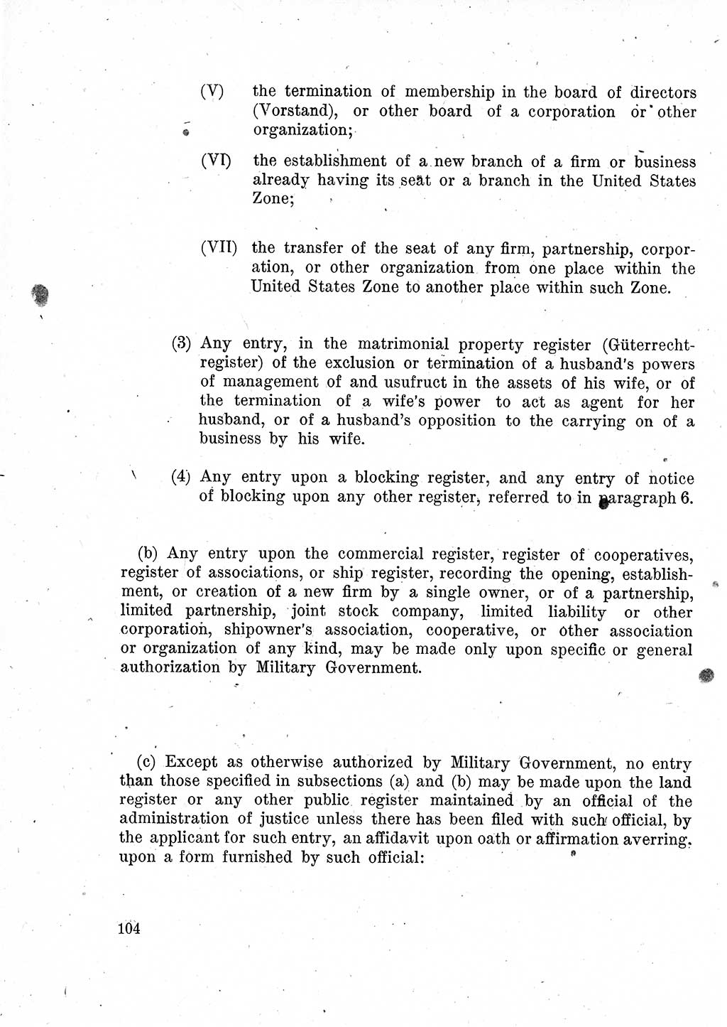 Das Recht der Besatzungsmacht (Deutschland), Proklamationen, Deklerationen, Verordnungen, Gesetze und Bekanntmachungen 1947, Seite 104 (R. Bes. Dtl. 1947, S. 104)