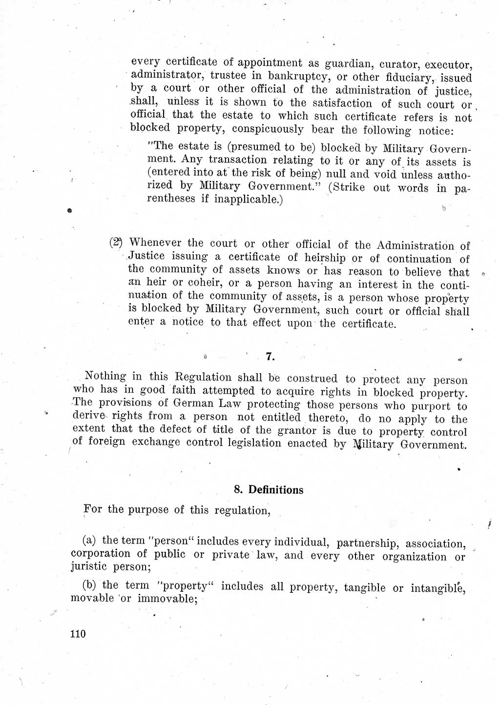 Das Recht der Besatzungsmacht (Deutschland), Proklamationen, Deklerationen, Verordnungen, Gesetze und Bekanntmachungen 1947, Seite 110 (R. Bes. Dtl. 1947, S. 110)