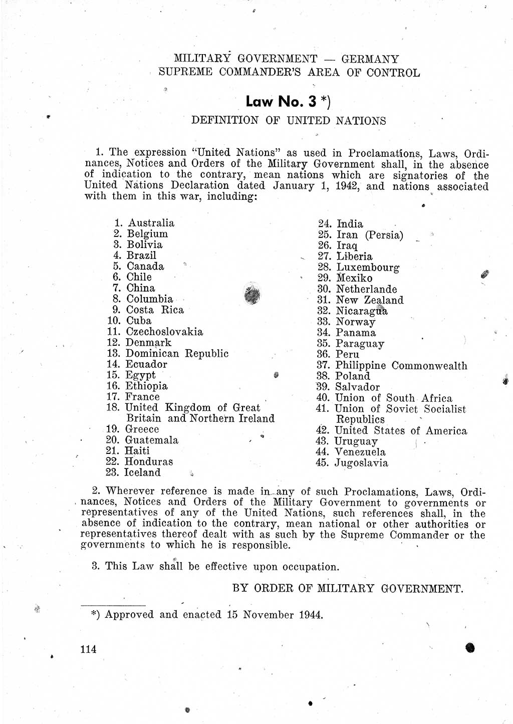 Das Recht der Besatzungsmacht (Deutschland), Proklamationen, Deklerationen, Verordnungen, Gesetze und Bekanntmachungen 1947, Seite 114 (R. Bes. Dtl. 1947, S. 114)