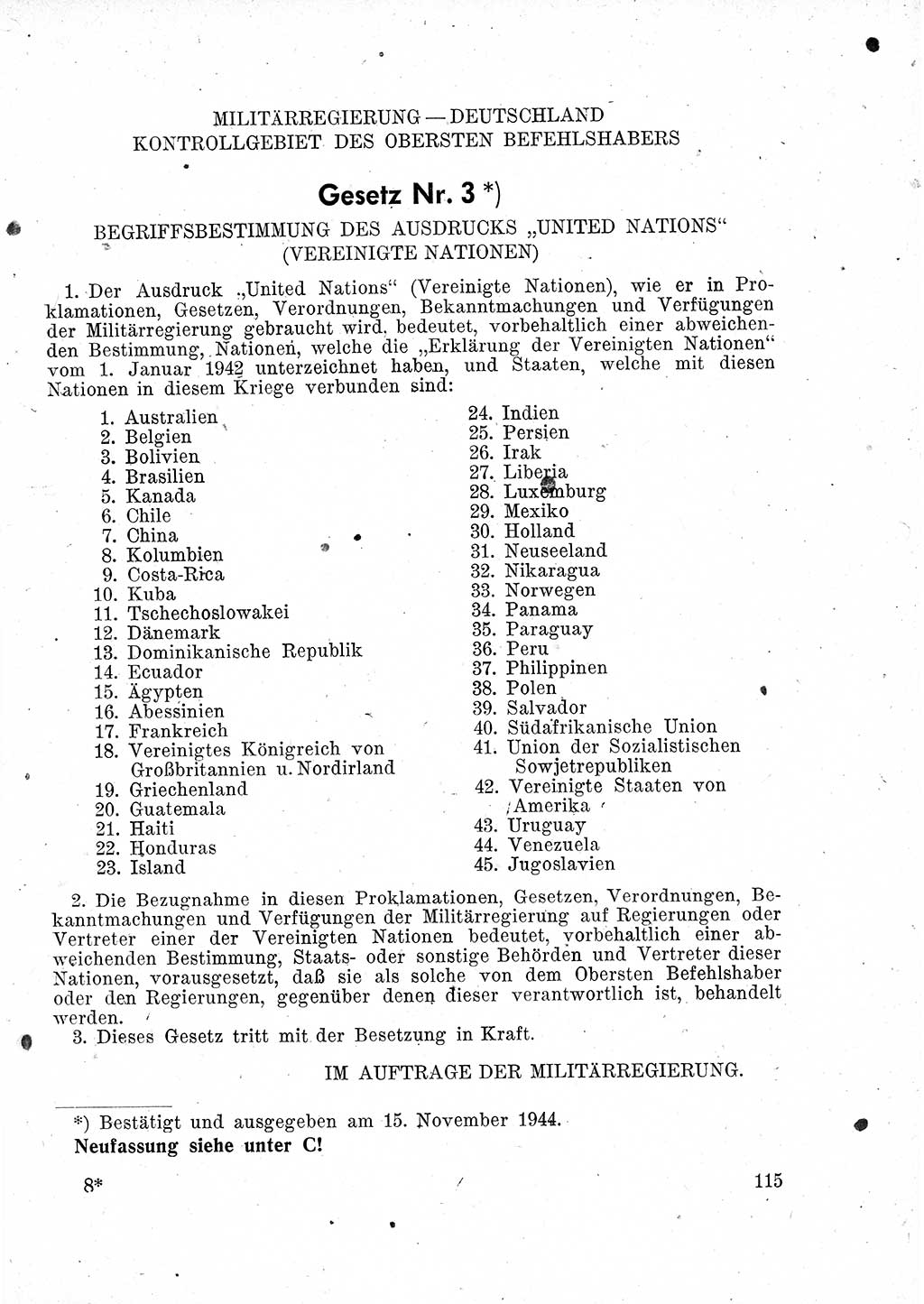 Das Recht der Besatzungsmacht (Deutschland), Proklamationen, Deklerationen, Verordnungen, Gesetze und Bekanntmachungen 1947, Seite 115 (R. Bes. Dtl. 1947, S. 115)