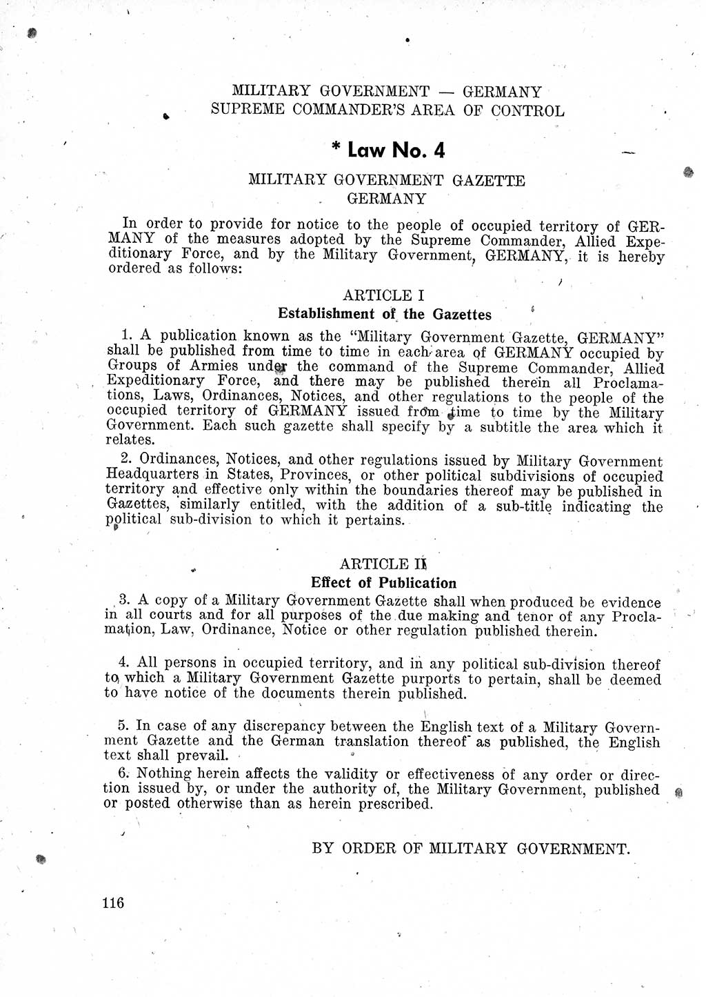 Das Recht der Besatzungsmacht (Deutschland), Proklamationen, Deklerationen, Verordnungen, Gesetze und Bekanntmachungen 1947, Seite 116 (R. Bes. Dtl. 1947, S. 116)