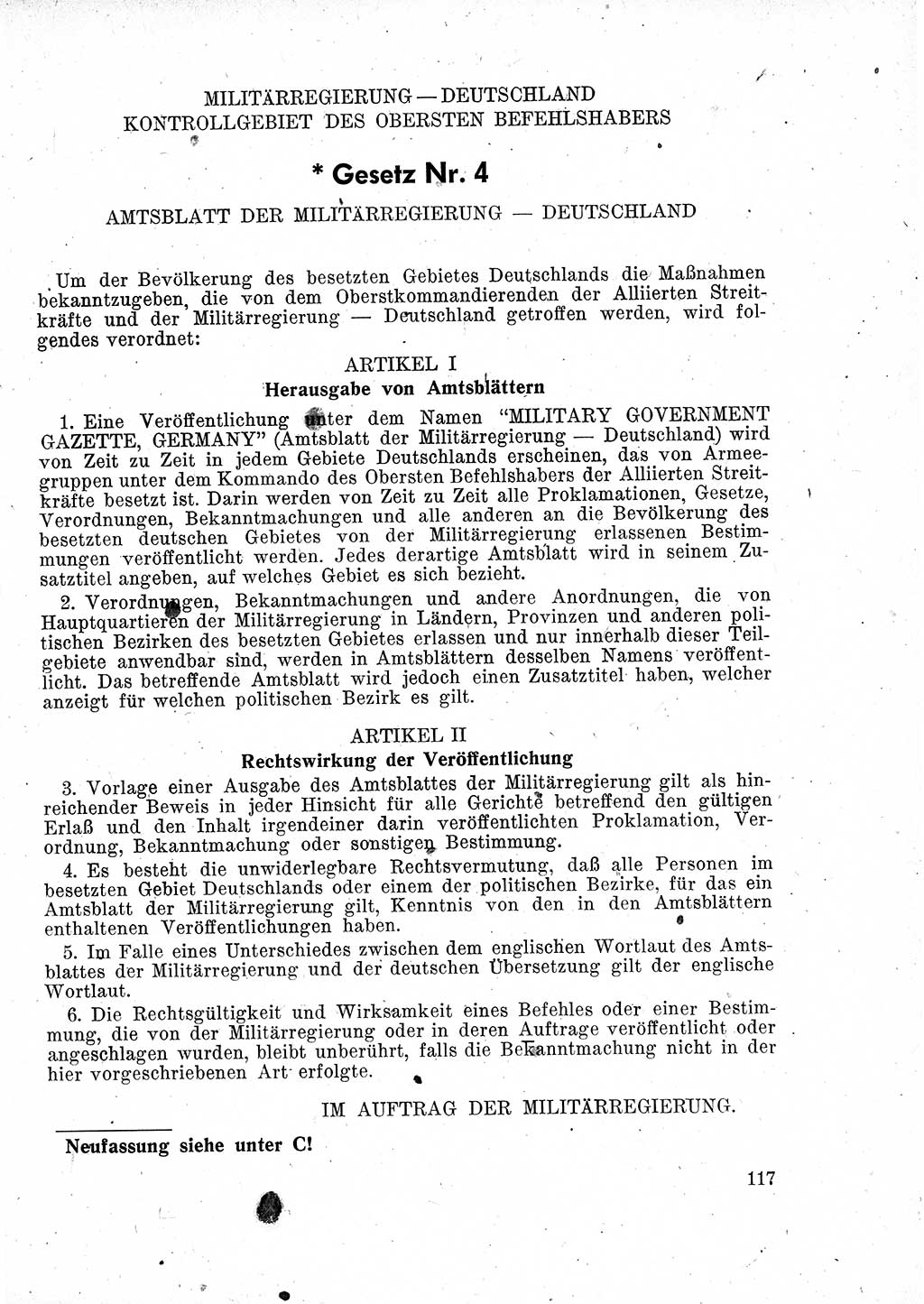 Das Recht der Besatzungsmacht (Deutschland), Proklamationen, Deklerationen, Verordnungen, Gesetze und Bekanntmachungen 1947, Seite 117 (R. Bes. Dtl. 1947, S. 117)