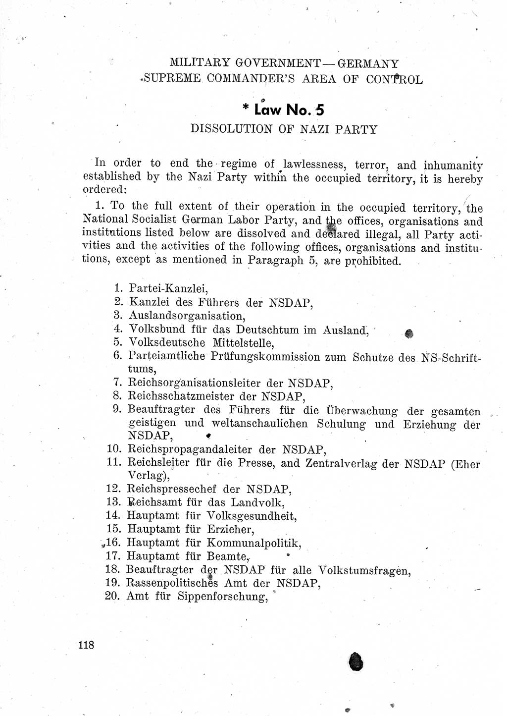 Das Recht der Besatzungsmacht (Deutschland), Proklamationen, Deklerationen, Verordnungen, Gesetze und Bekanntmachungen 1947, Seite 118 (R. Bes. Dtl. 1947, S. 118)