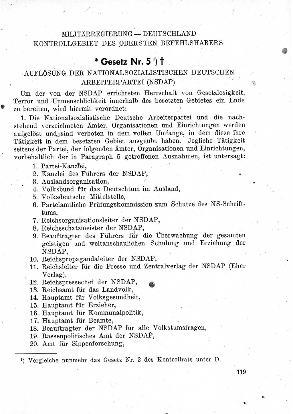 Das Recht der Besatzungsmacht (Deutschland), Proklamationen, Deklerationen, Verordnungen, Gesetze und Bekanntmachungen 1947, Seite 119 (R. Bes. Dtl. 1947, S. 119)