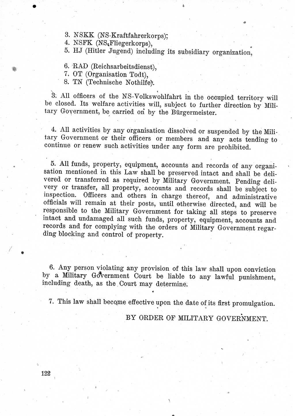Das Recht der Besatzungsmacht (Deutschland), Proklamationen, Deklerationen, Verordnungen, Gesetze und Bekanntmachungen 1947, Seite 122 (R. Bes. Dtl. 1947, S. 122)