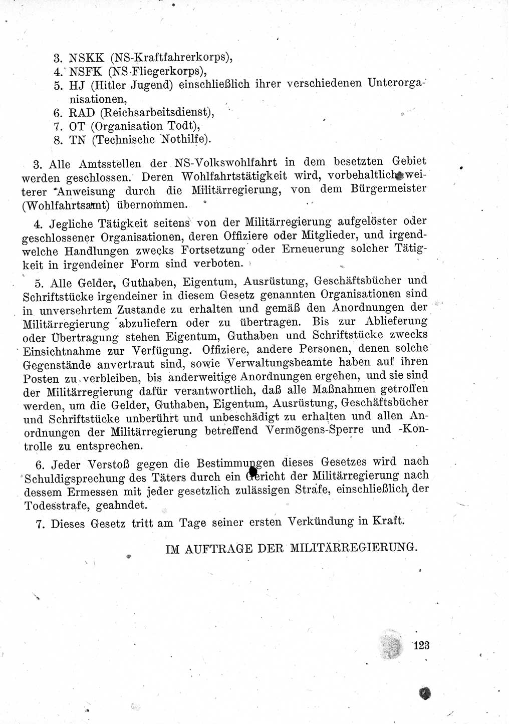 Das Recht der Besatzungsmacht (Deutschland), Proklamationen, Deklerationen, Verordnungen, Gesetze und Bekanntmachungen 1947, Seite 123 (R. Bes. Dtl. 1947, S. 123)