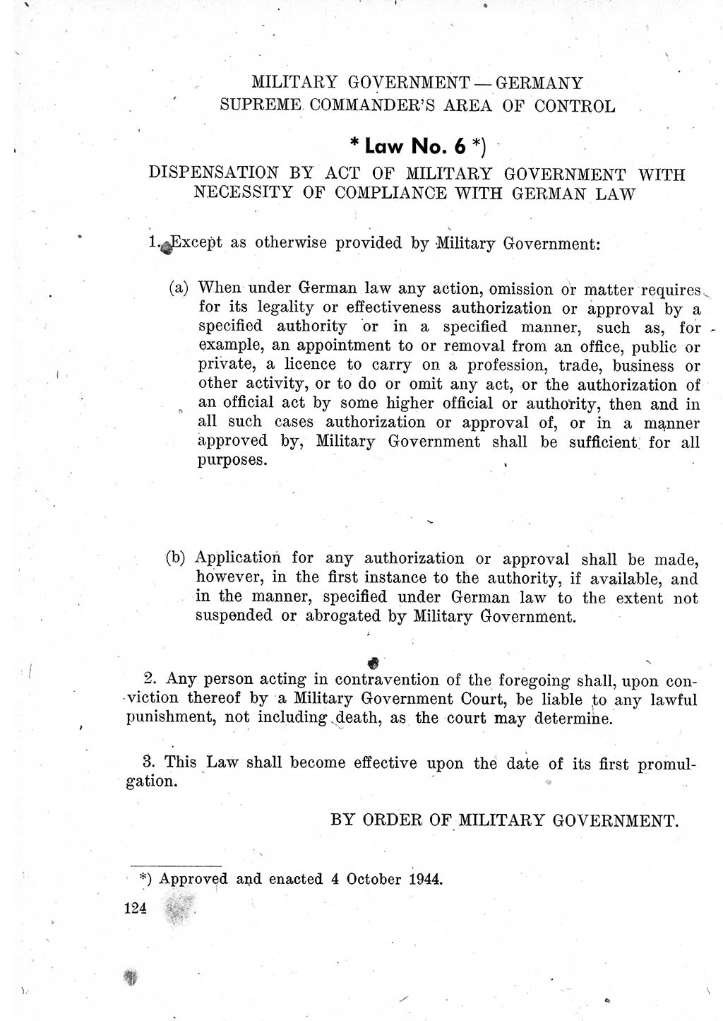 Das Recht der Besatzungsmacht (Deutschland), Proklamationen, Deklerationen, Verordnungen, Gesetze und Bekanntmachungen 1947, Seite 124 (R. Bes. Dtl. 1947, S. 124)