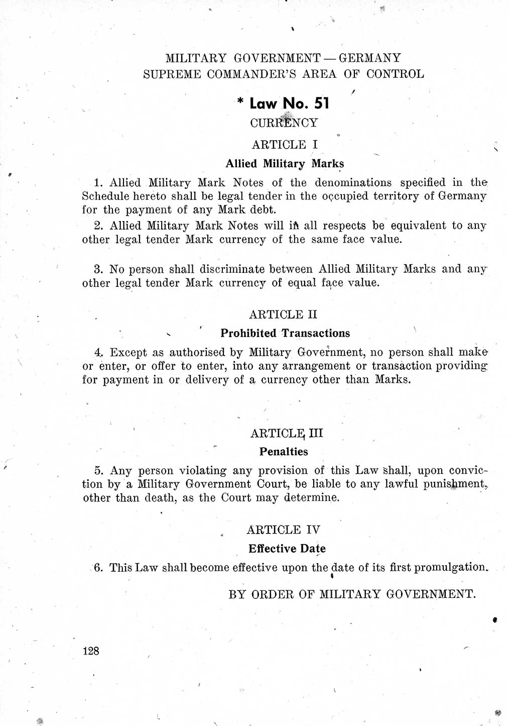 Das Recht der Besatzungsmacht (Deutschland), Proklamationen, Deklerationen, Verordnungen, Gesetze und Bekanntmachungen 1947, Seite 128 (R. Bes. Dtl. 1947, S. 128)