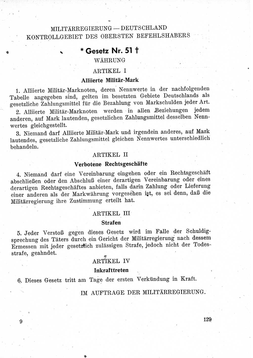 Das Recht der Besatzungsmacht (Deutschland), Proklamationen, Deklerationen, Verordnungen, Gesetze und Bekanntmachungen 1947, Seite 129 (R. Bes. Dtl. 1947, S. 129)