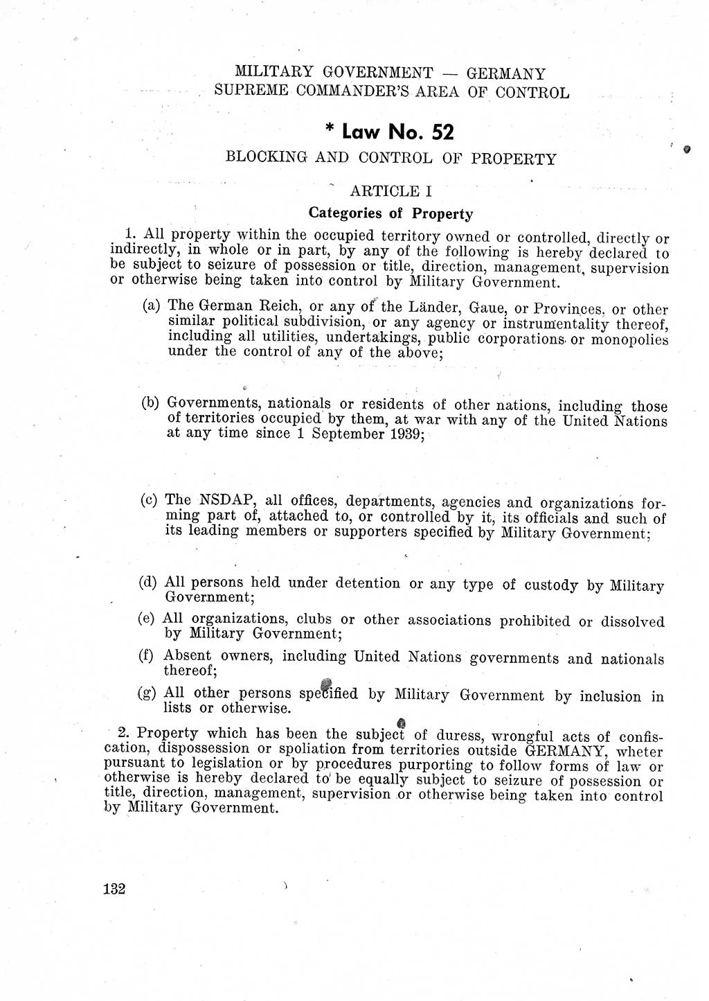 Das Recht der Besatzungsmacht (Deutschland), Proklamationen, Deklerationen, Verordnungen, Gesetze und Bekanntmachungen 1947, Seite 132 (R. Bes. Dtl. 1947, S. 132)