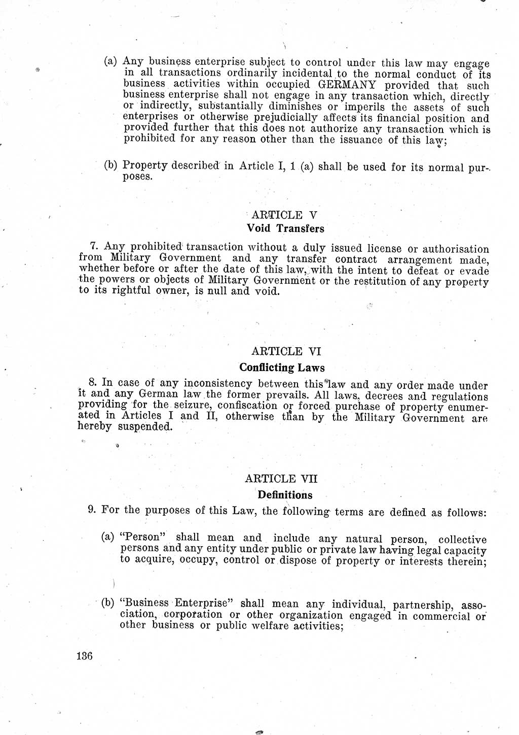 Das Recht der Besatzungsmacht (Deutschland), Proklamationen, Deklerationen, Verordnungen, Gesetze und Bekanntmachungen 1947, Seite 136 (R. Bes. Dtl. 1947, S. 136)