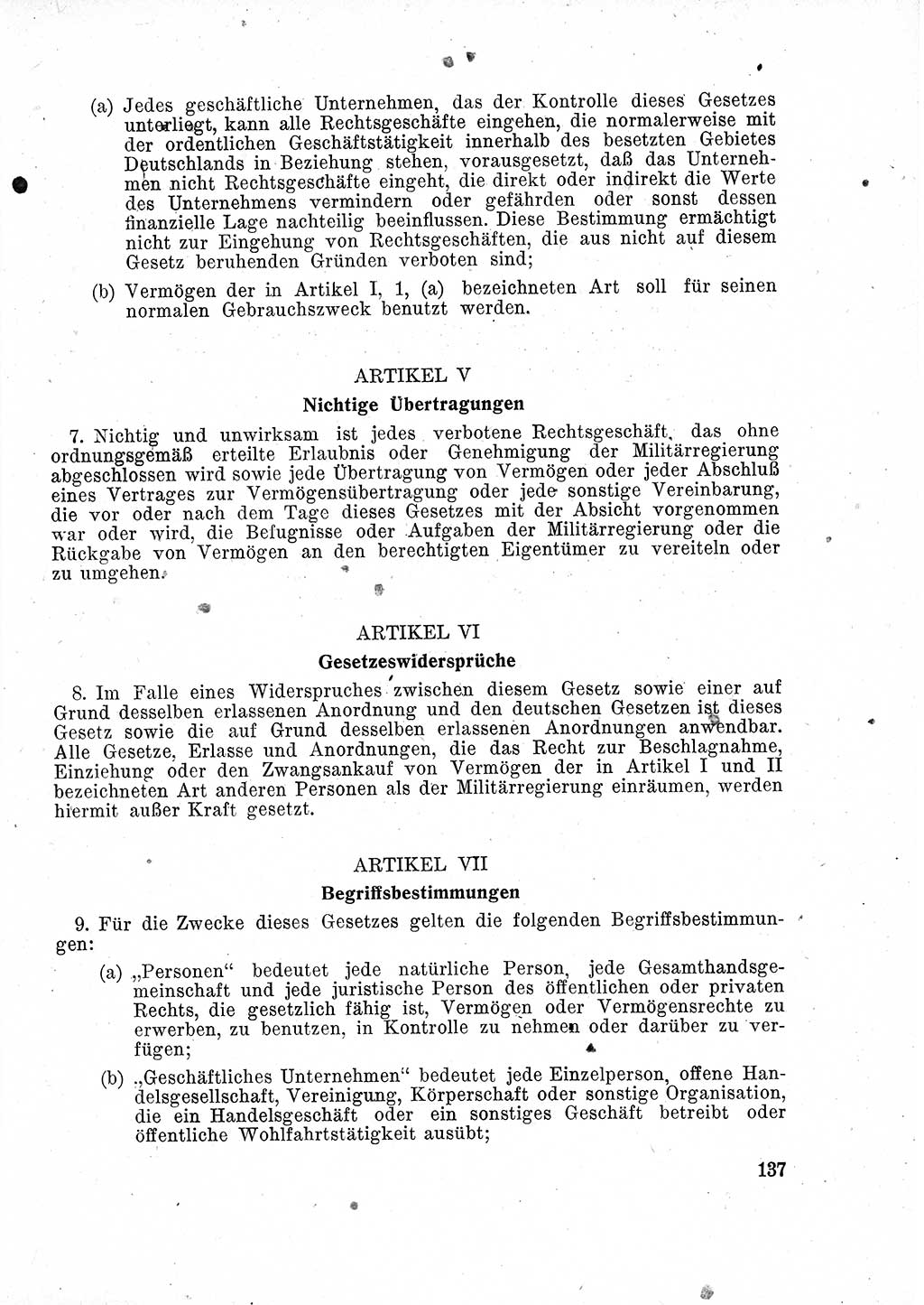 Das Recht der Besatzungsmacht (Deutschland), Proklamationen, Deklerationen, Verordnungen, Gesetze und Bekanntmachungen 1947, Seite 137 (R. Bes. Dtl. 1947, S. 137)