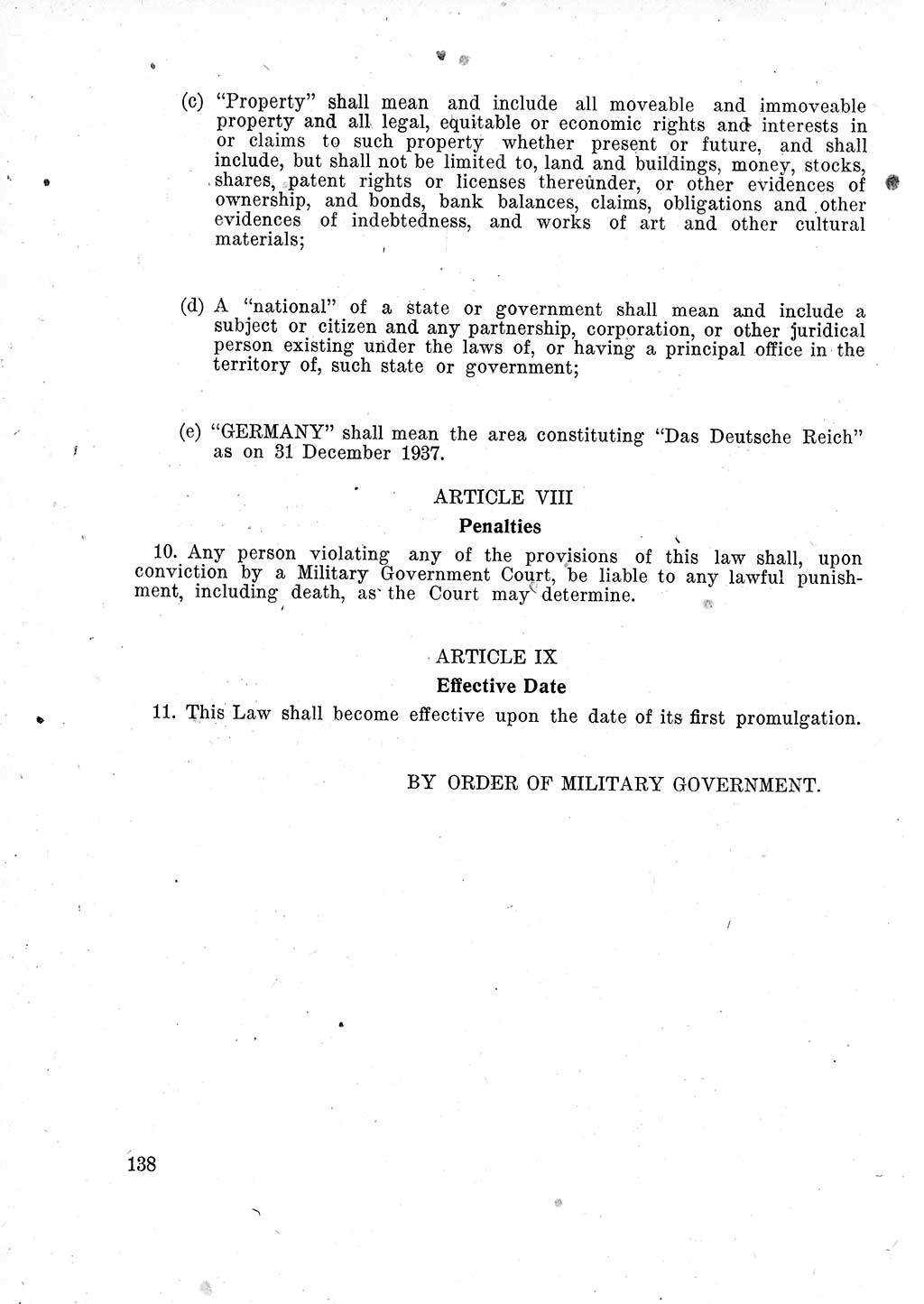 Das Recht der Besatzungsmacht (Deutschland), Proklamationen, Deklerationen, Verordnungen, Gesetze und Bekanntmachungen 1947, Seite 138 (R. Bes. Dtl. 1947, S. 138)