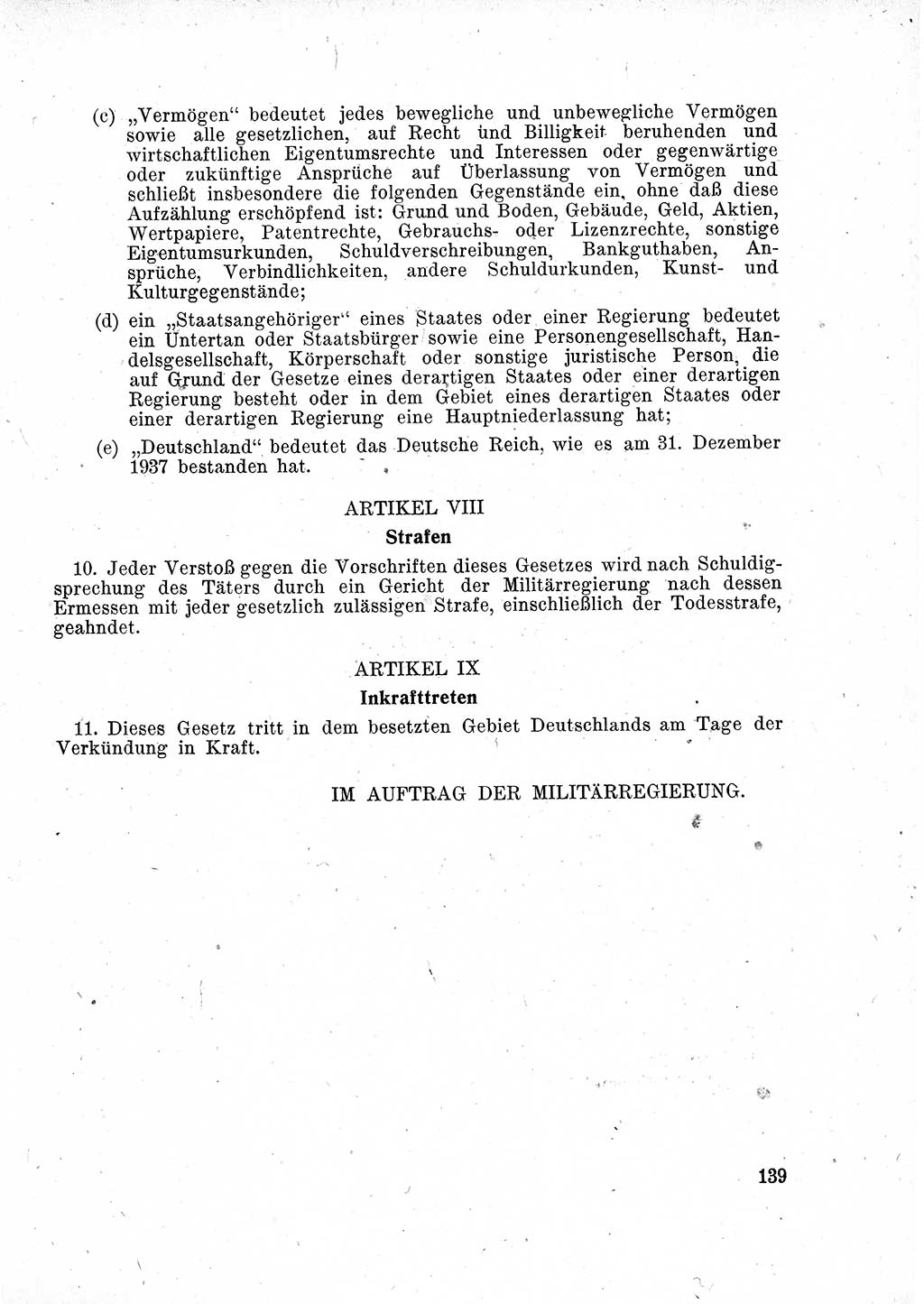 Das Recht der Besatzungsmacht (Deutschland), Proklamationen, Deklerationen, Verordnungen, Gesetze und Bekanntmachungen 1947, Seite 139 (R. Bes. Dtl. 1947, S. 139)