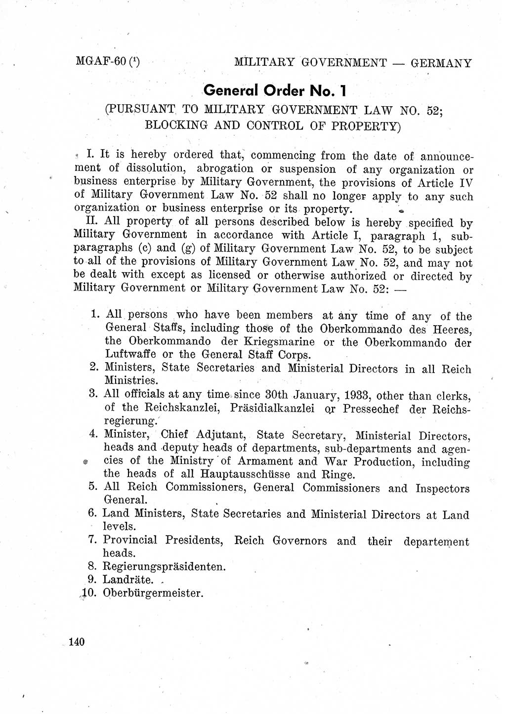 Das Recht der Besatzungsmacht (Deutschland), Proklamationen, Deklerationen, Verordnungen, Gesetze und Bekanntmachungen 1947, Seite 140 (R. Bes. Dtl. 1947, S. 140)