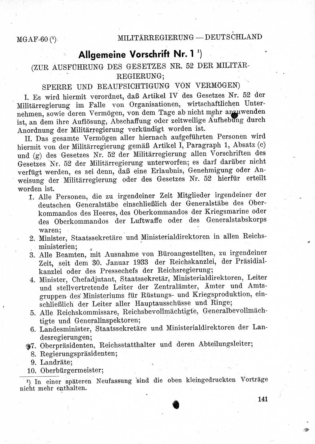 Das Recht der Besatzungsmacht (Deutschland), Proklamationen, Deklerationen, Verordnungen, Gesetze und Bekanntmachungen 1947, Seite 141 (R. Bes. Dtl. 1947, S. 141)