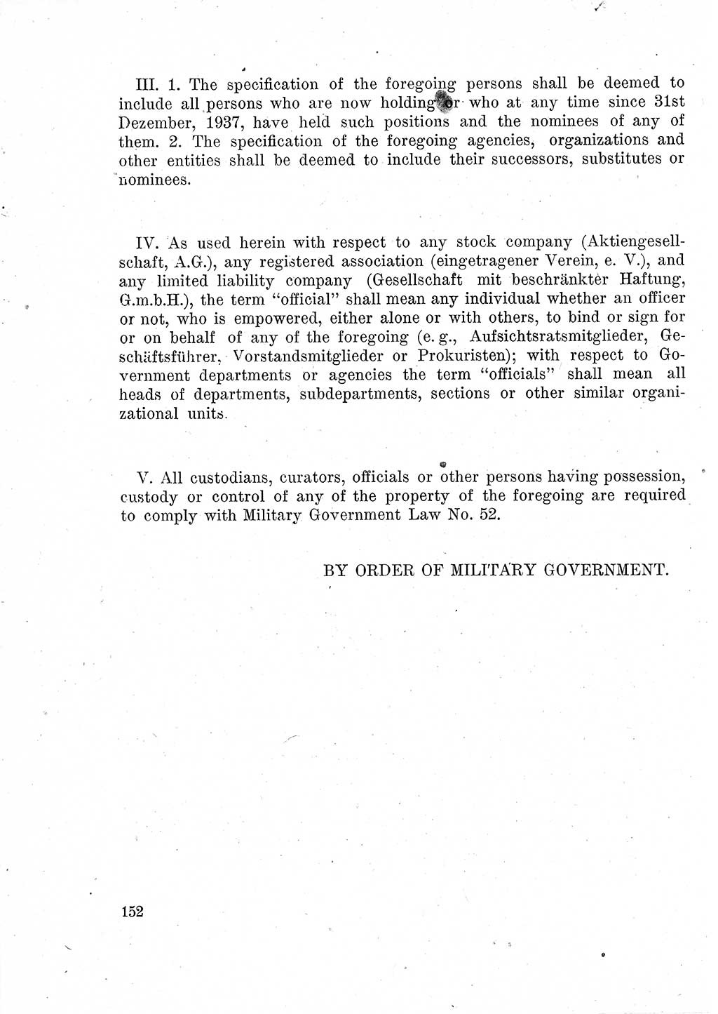 Das Recht der Besatzungsmacht (Deutschland), Proklamationen, Deklerationen, Verordnungen, Gesetze und Bekanntmachungen 1947, Seite 152 (R. Bes. Dtl. 1947, S. 152)