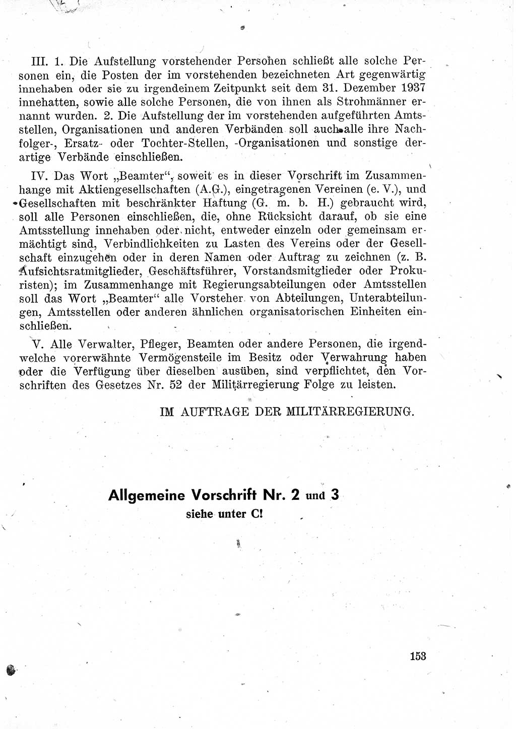 Das Recht der Besatzungsmacht (Deutschland), Proklamationen, Deklerationen, Verordnungen, Gesetze und Bekanntmachungen 1947, Seite 153 (R. Bes. Dtl. 1947, S. 153)