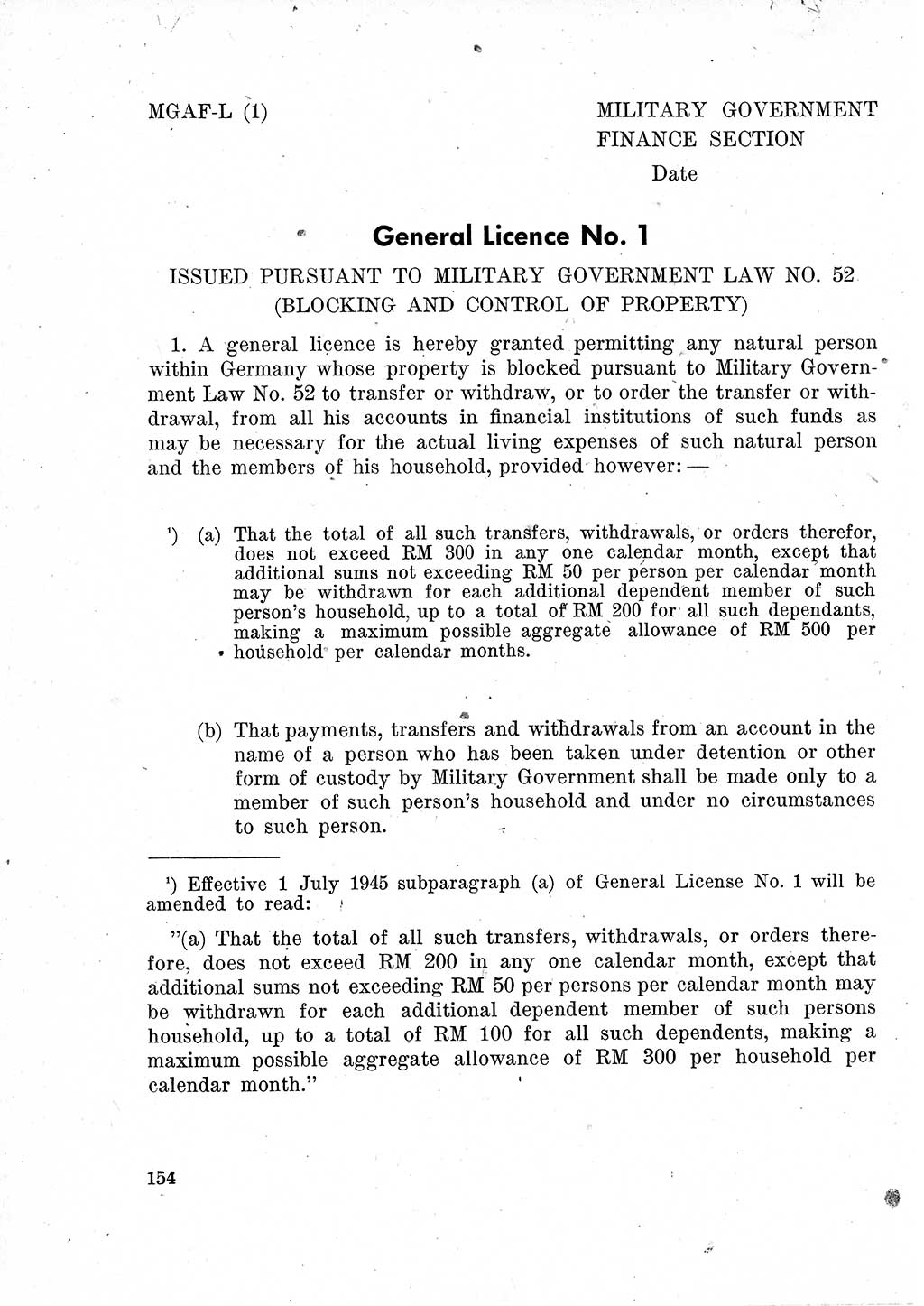 Das Recht der Besatzungsmacht (Deutschland), Proklamationen, Deklerationen, Verordnungen, Gesetze und Bekanntmachungen 1947, Seite 154 (R. Bes. Dtl. 1947, S. 154)