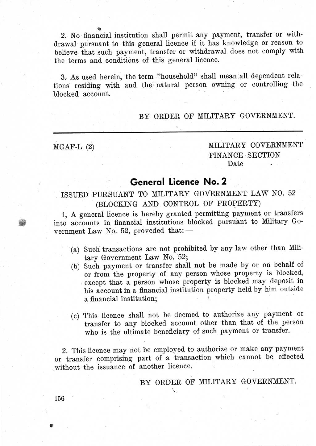 Das Recht der Besatzungsmacht (Deutschland), Proklamationen, Deklerationen, Verordnungen, Gesetze und Bekanntmachungen 1947, Seite 156 (R. Bes. Dtl. 1947, S. 156)