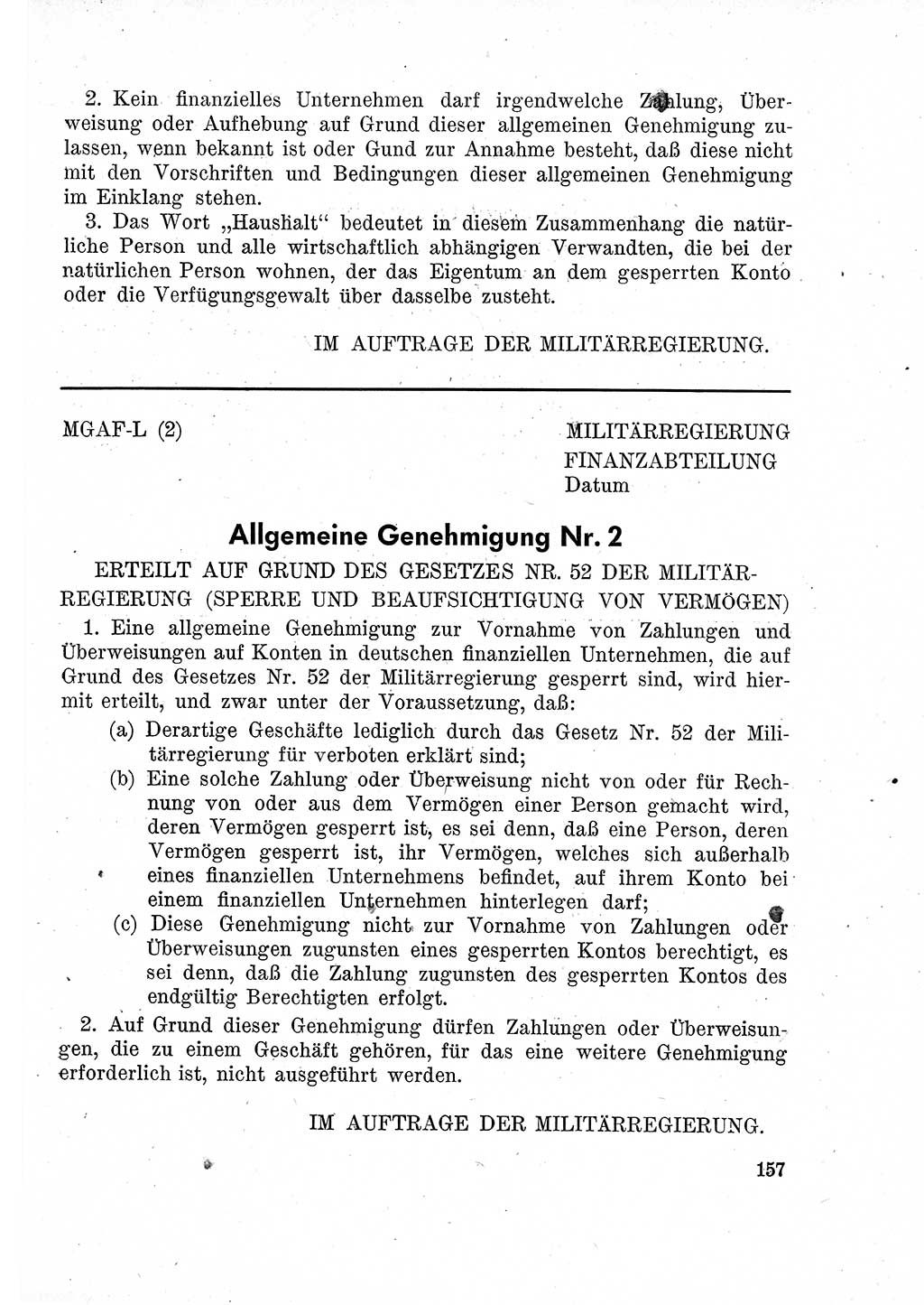 Das Recht der Besatzungsmacht (Deutschland), Proklamationen, Deklerationen, Verordnungen, Gesetze und Bekanntmachungen 1947, Seite 157 (R. Bes. Dtl. 1947, S. 157)