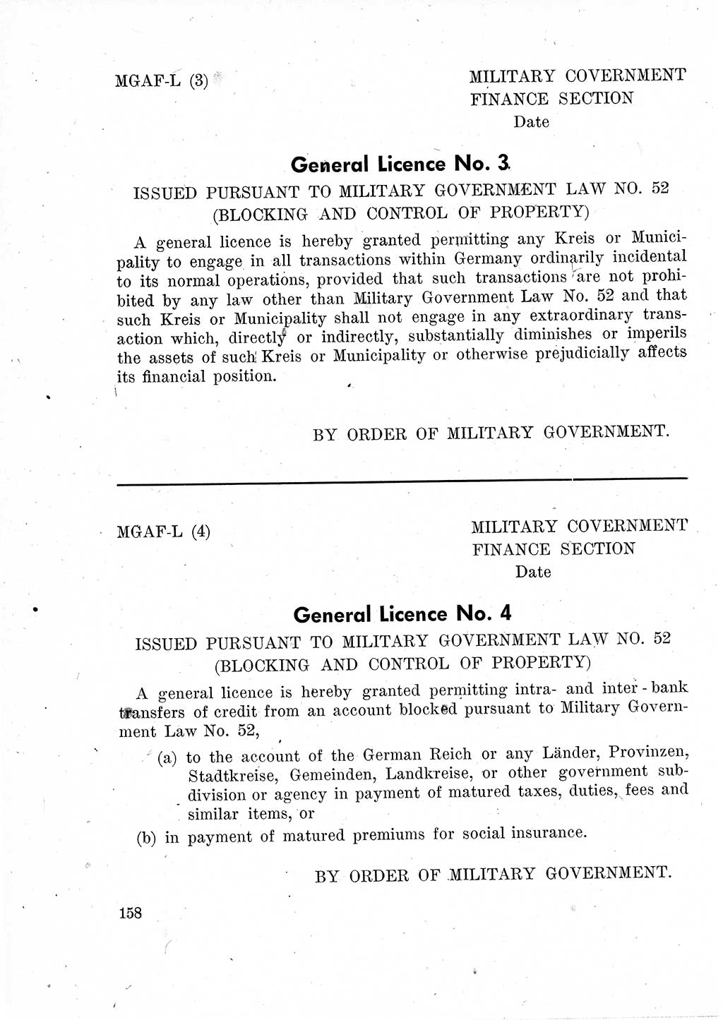 Das Recht der Besatzungsmacht (Deutschland), Proklamationen, Deklerationen, Verordnungen, Gesetze und Bekanntmachungen 1947, Seite 158 (R. Bes. Dtl. 1947, S. 158)