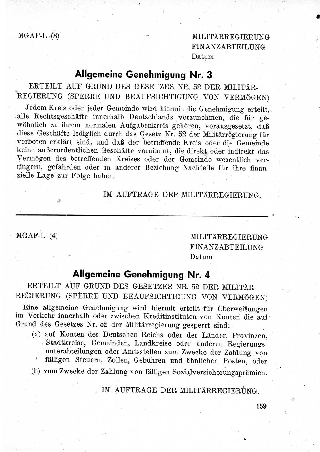 Das Recht der Besatzungsmacht (Deutschland), Proklamationen, Deklerationen, Verordnungen, Gesetze und Bekanntmachungen 1947, Seite 159 (R. Bes. Dtl. 1947, S. 159)