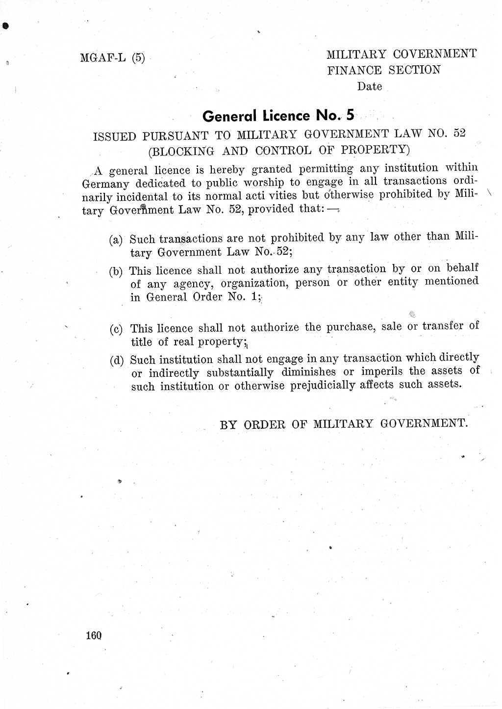 Das Recht der Besatzungsmacht (Deutschland), Proklamationen, Deklerationen, Verordnungen, Gesetze und Bekanntmachungen 1947, Seite 160 (R. Bes. Dtl. 1947, S. 160)
