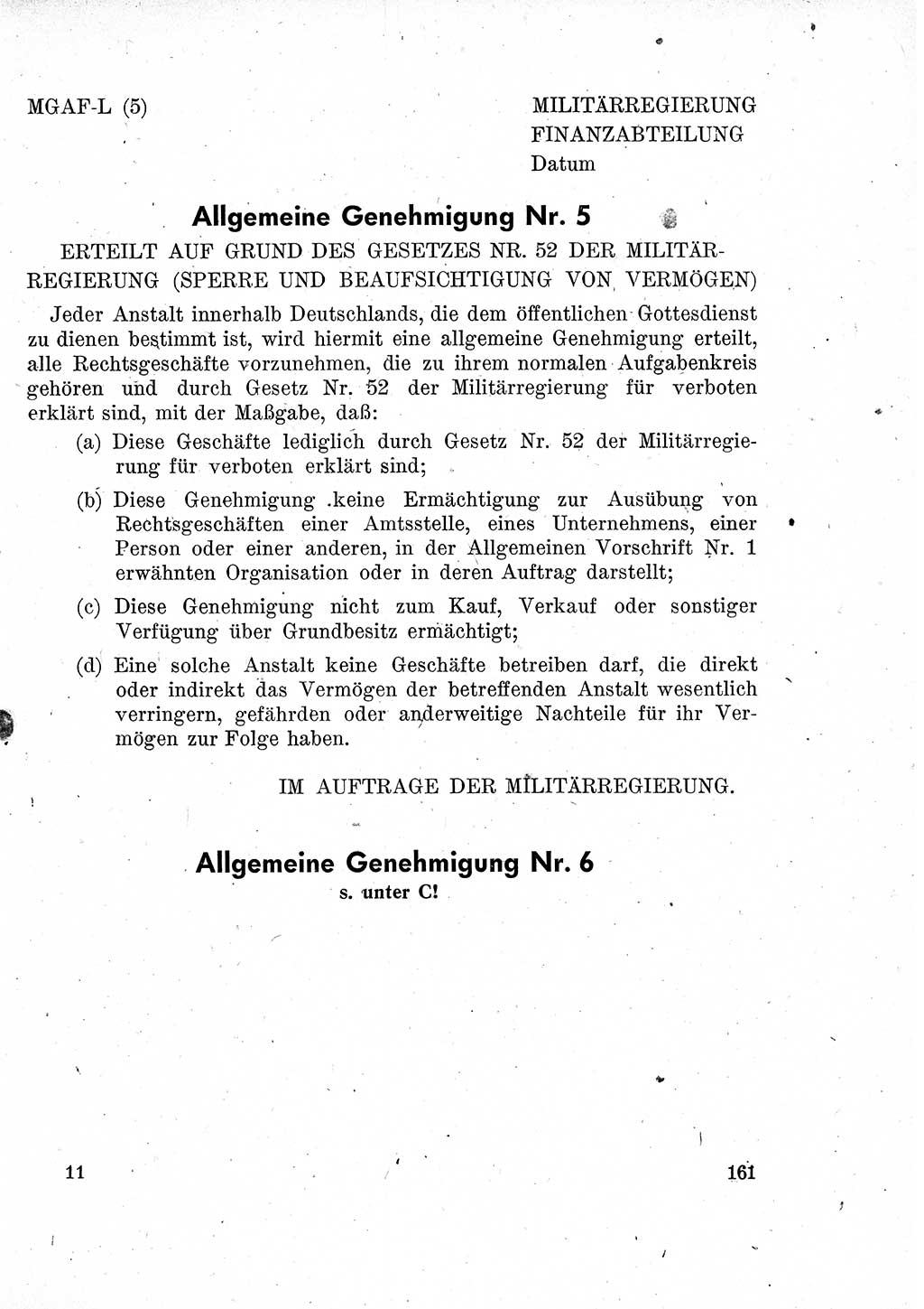 Das Recht der Besatzungsmacht (Deutschland), Proklamationen, Deklerationen, Verordnungen, Gesetze und Bekanntmachungen 1947, Seite 161 (R. Bes. Dtl. 1947, S. 161)