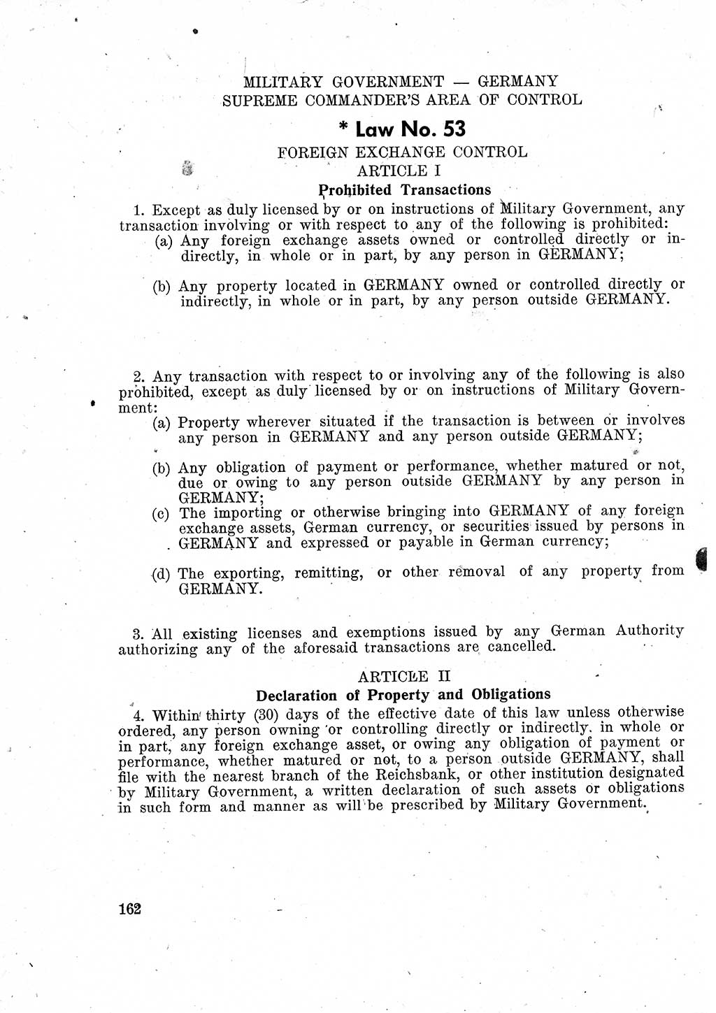 Das Recht der Besatzungsmacht (Deutschland), Proklamationen, Deklerationen, Verordnungen, Gesetze und Bekanntmachungen 1947, Seite 162 (R. Bes. Dtl. 1947, S. 162)