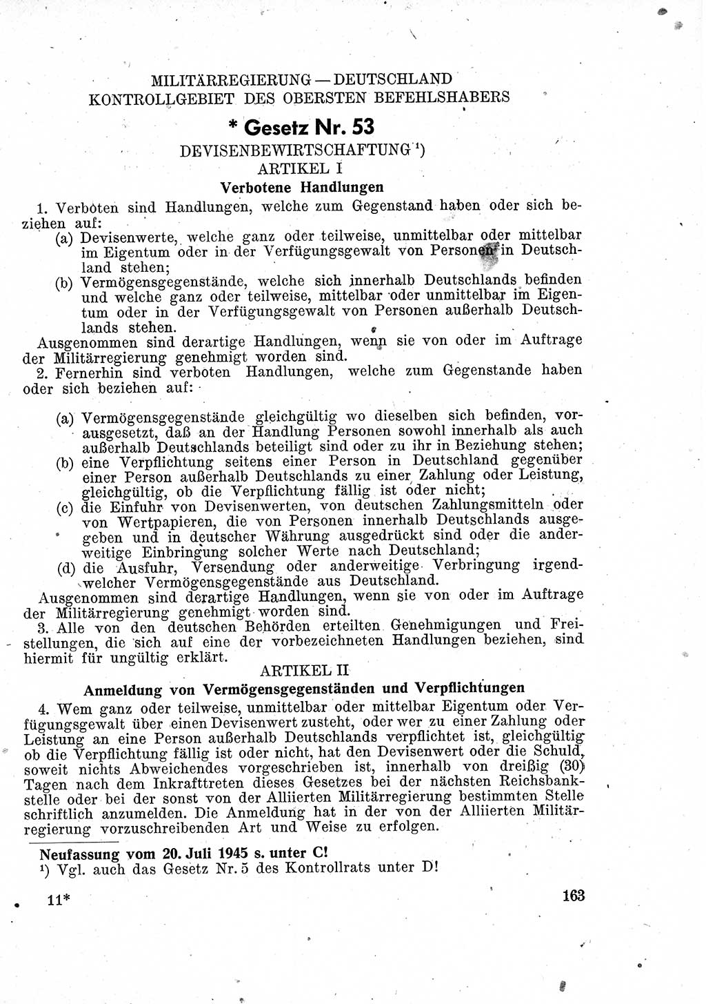 Das Recht der Besatzungsmacht (Deutschland), Proklamationen, Deklerationen, Verordnungen, Gesetze und Bekanntmachungen 1947, Seite 163 (R. Bes. Dtl. 1947, S. 163)