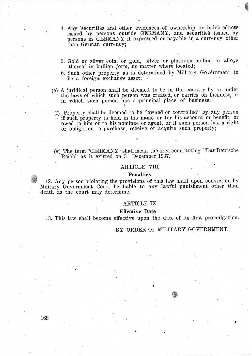 Das Recht der Besatzungsmacht (Deutschland), Proklamationen, Deklerationen, Verordnungen, Gesetze und Bekanntmachungen 1947, Seite 168 (R. Bes. Dtl. 1947, S. 168)