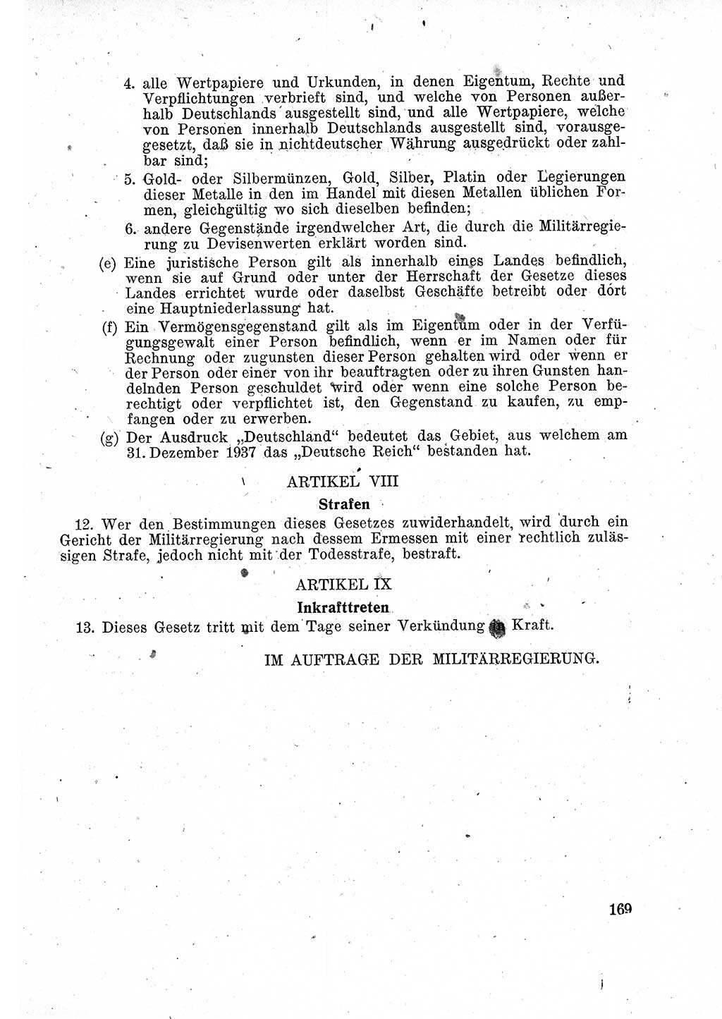 Das Recht der Besatzungsmacht (Deutschland), Proklamationen, Deklerationen, Verordnungen, Gesetze und Bekanntmachungen 1947, Seite 169 (R. Bes. Dtl. 1947, S. 169)