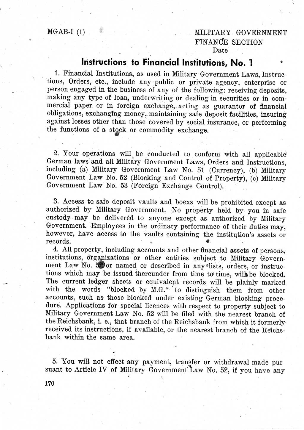 Das Recht der Besatzungsmacht (Deutschland), Proklamationen, Deklerationen, Verordnungen, Gesetze und Bekanntmachungen 1947, Seite 170 (R. Bes. Dtl. 1947, S. 170)