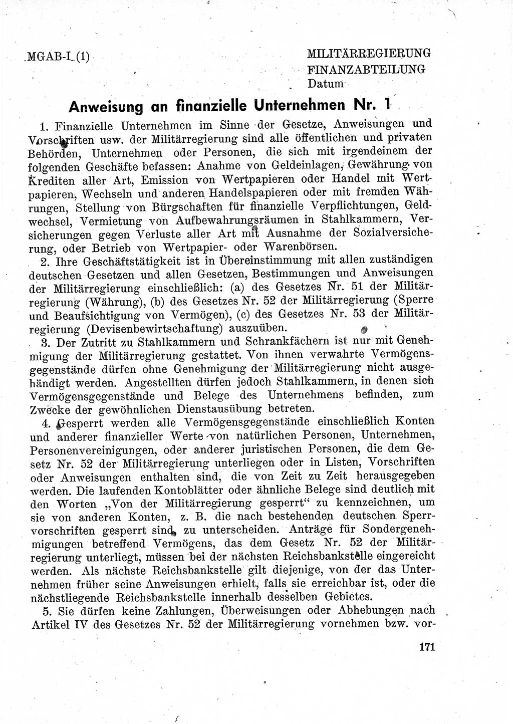 Das Recht der Besatzungsmacht (Deutschland), Proklamationen, Deklerationen, Verordnungen, Gesetze und Bekanntmachungen 1947, Seite 171 (R. Bes. Dtl. 1947, S. 171)