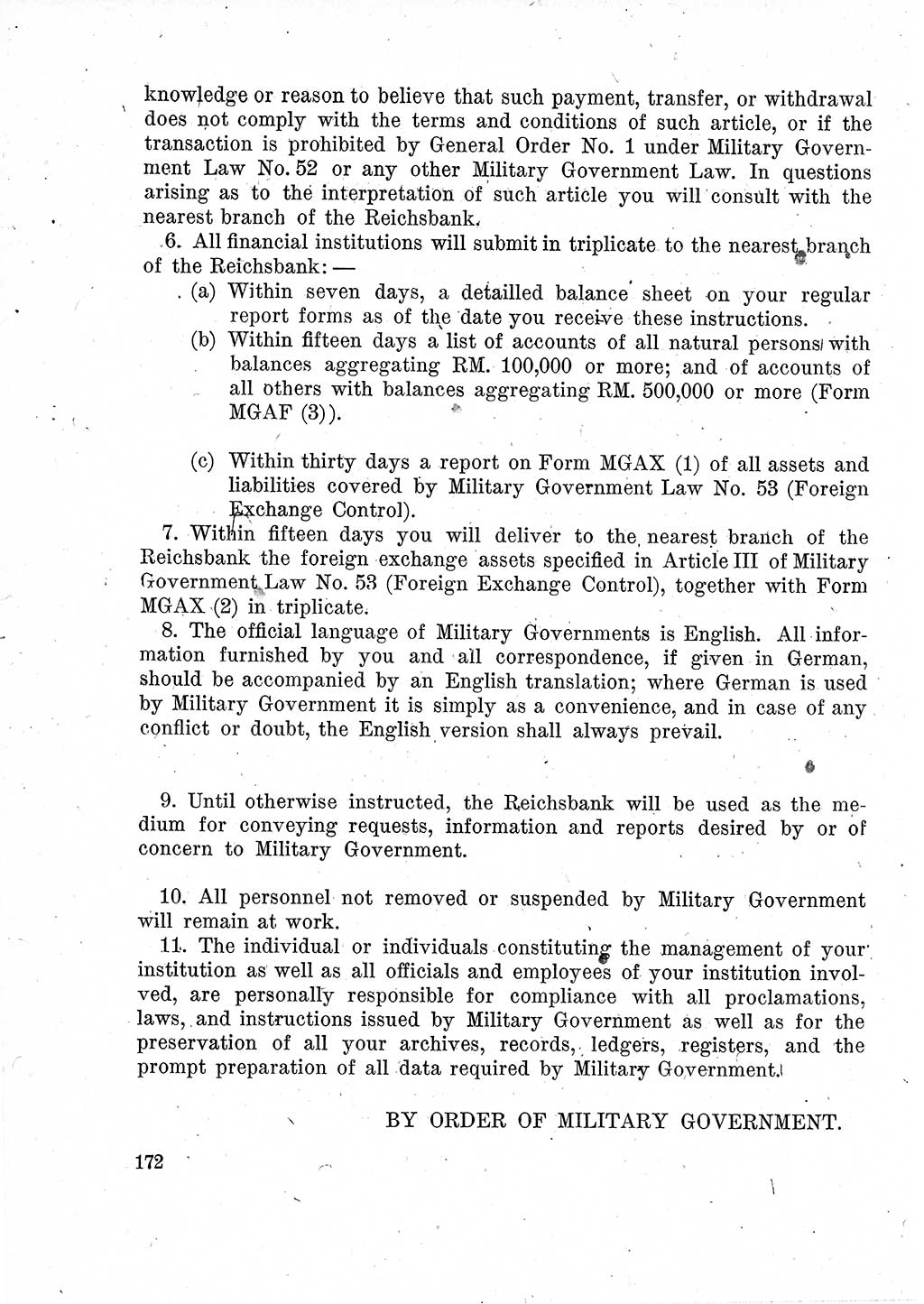 Das Recht der Besatzungsmacht (Deutschland), Proklamationen, Deklerationen, Verordnungen, Gesetze und Bekanntmachungen 1947, Seite 172 (R. Bes. Dtl. 1947, S. 172)