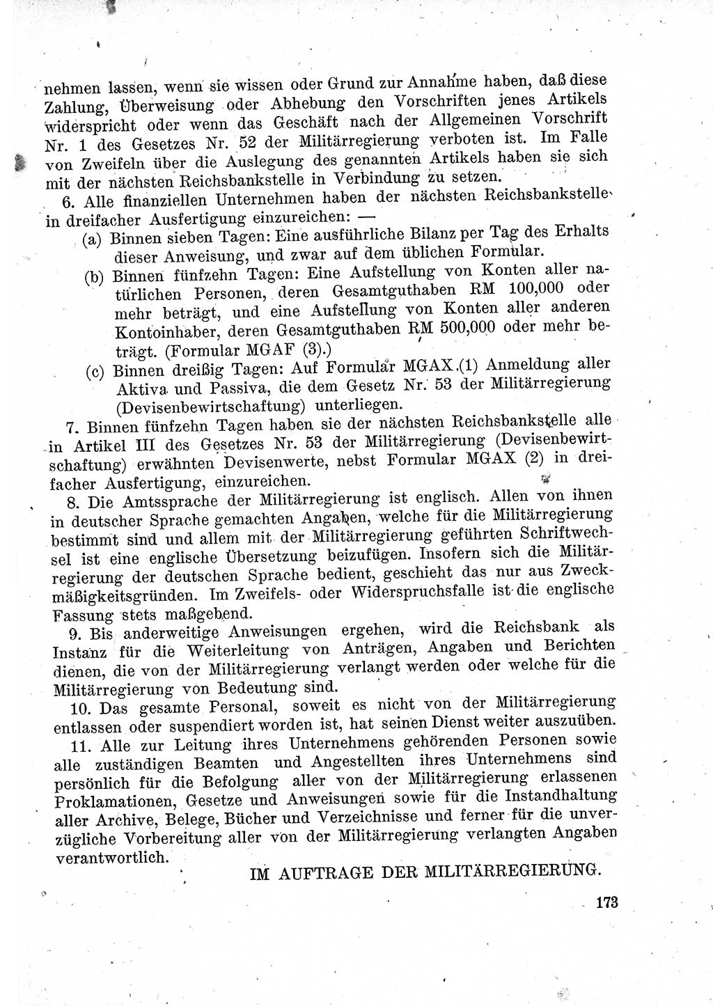 Das Recht der Besatzungsmacht (Deutschland), Proklamationen, Deklerationen, Verordnungen, Gesetze und Bekanntmachungen 1947, Seite 173 (R. Bes. Dtl. 1947, S. 173)