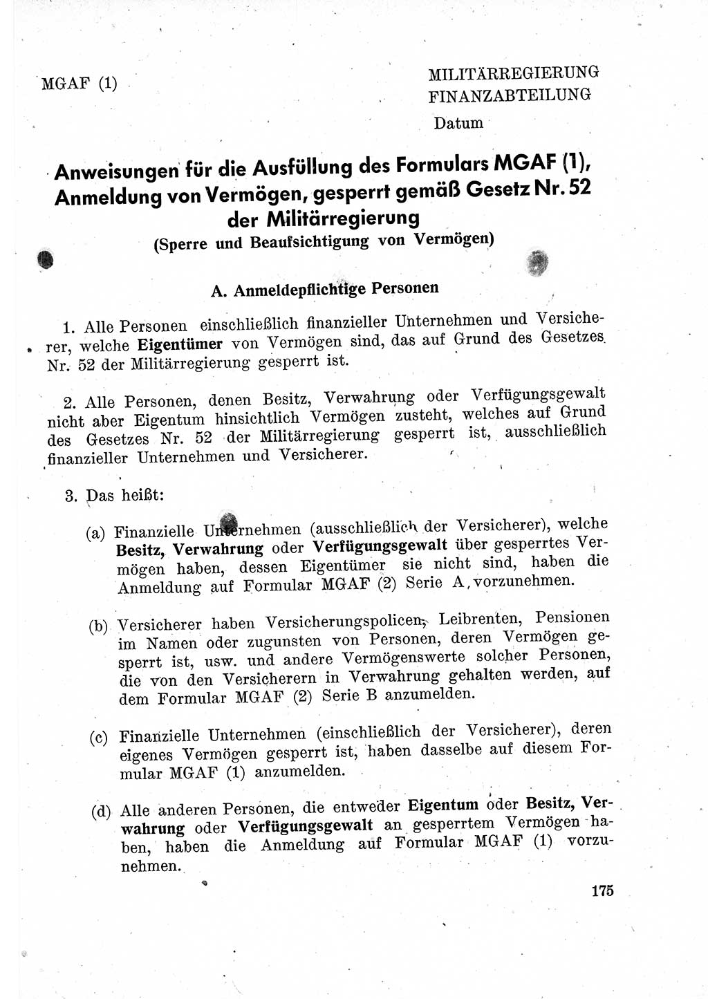 Das Recht der Besatzungsmacht (Deutschland), Proklamationen, Deklerationen, Verordnungen, Gesetze und Bekanntmachungen 1947, Seite 175 (R. Bes. Dtl. 1947, S. 175)