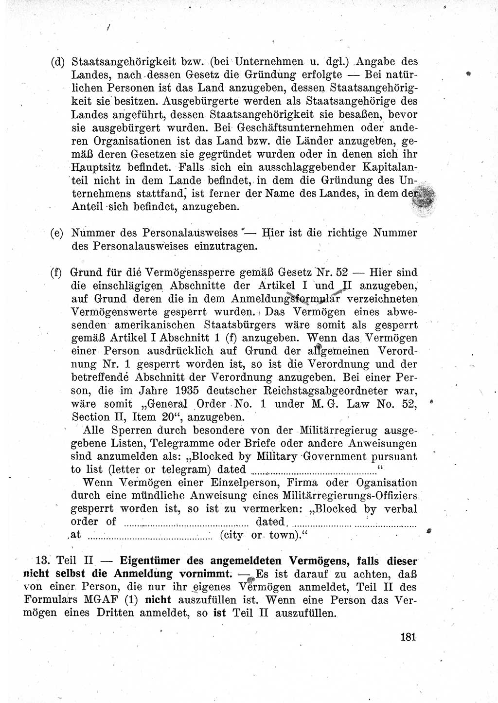 Das Recht der Besatzungsmacht (Deutschland), Proklamationen, Deklerationen, Verordnungen, Gesetze und Bekanntmachungen 1947, Seite 181 (R. Bes. Dtl. 1947, S. 181)