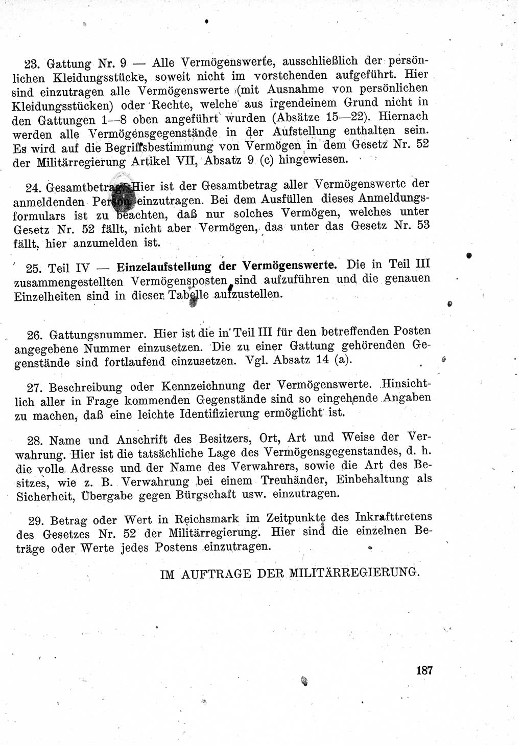 Das Recht der Besatzungsmacht (Deutschland), Proklamationen, Deklerationen, Verordnungen, Gesetze und Bekanntmachungen 1947, Seite 187 (R. Bes. Dtl. 1947, S. 187)