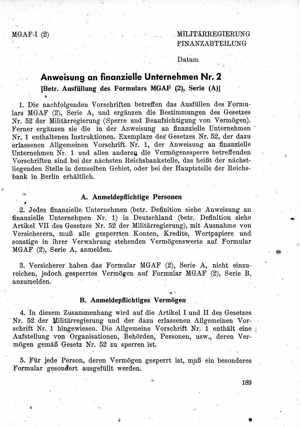 Das Recht der Besatzungsmacht (Deutschland), Proklamationen, Deklerationen, Verordnungen, Gesetze und Bekanntmachungen 1947, Seite 189 (R. Bes. Dtl. 1947, S. 189)