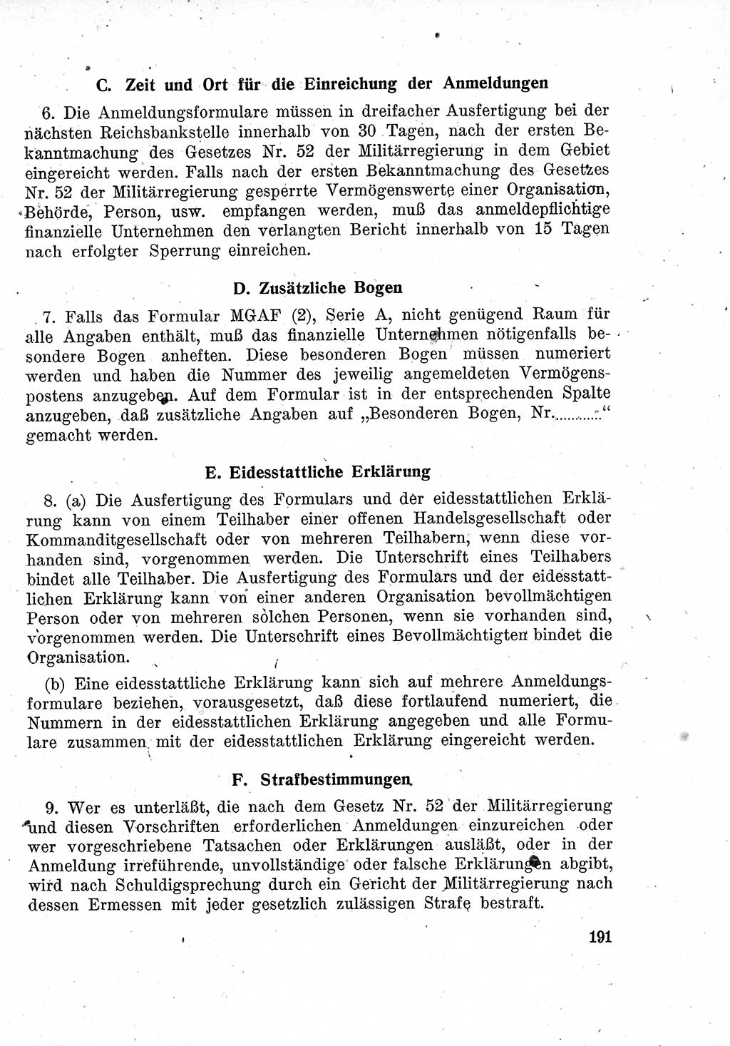 Das Recht der Besatzungsmacht (Deutschland), Proklamationen, Deklerationen, Verordnungen, Gesetze und Bekanntmachungen 1947, Seite 191 (R. Bes. Dtl. 1947, S. 191)
