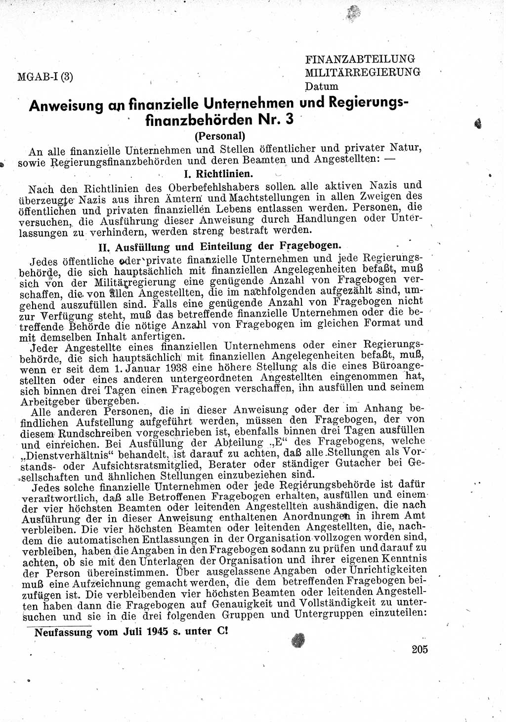 Das Recht der Besatzungsmacht (Deutschland), Proklamationen, Deklerationen, Verordnungen, Gesetze und Bekanntmachungen 1947, Seite 205 (R. Bes. Dtl. 1947, S. 205)